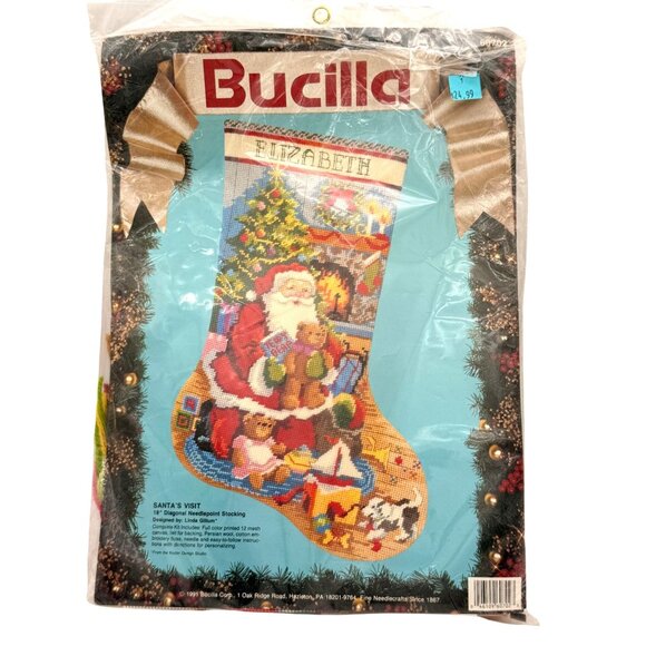 Bucilla 1991 Santa’s Visit Needlepoint Christmas Stocking Kit #60702 Gillum New - Picture 1 of 8